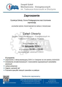 dzień otwarty zaproszenie 16 listopada w godzinach 10.00 - 13.00